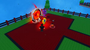 Image of the player standing while Goku unit fights against a boss in Anime Boss Raid on Roblox.