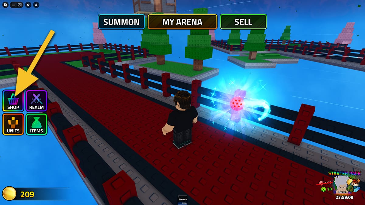 Image of the player standing on the bridge in Anime Boss Raid on Roblox, with an arrow pointing at the Shop icon.