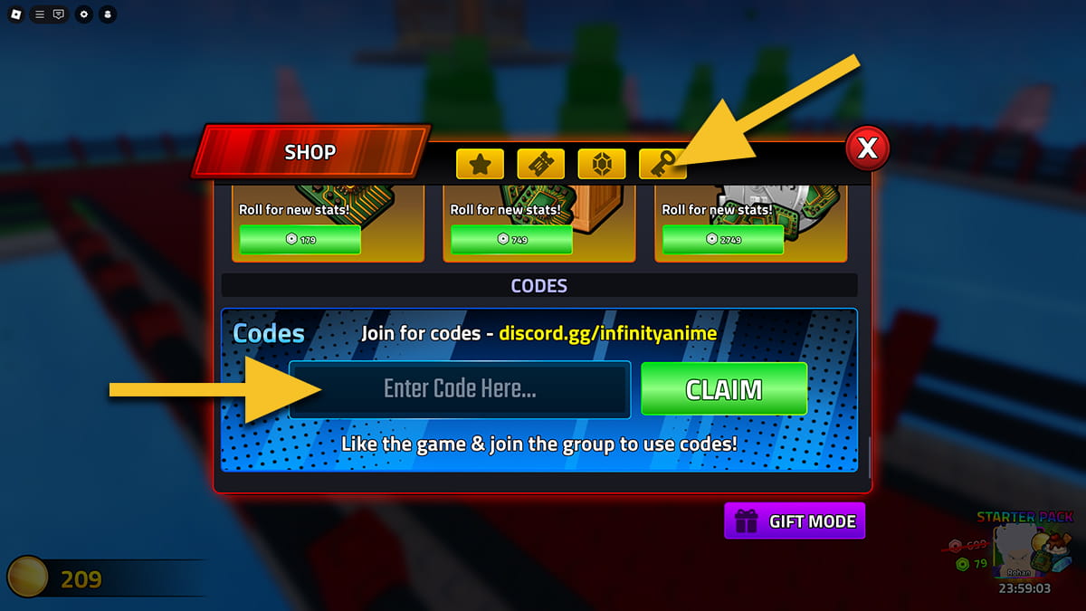 Image of the Shop window in Anime Boss Raid on Roblox, with arrows pointing at the key icon and the code input text box.