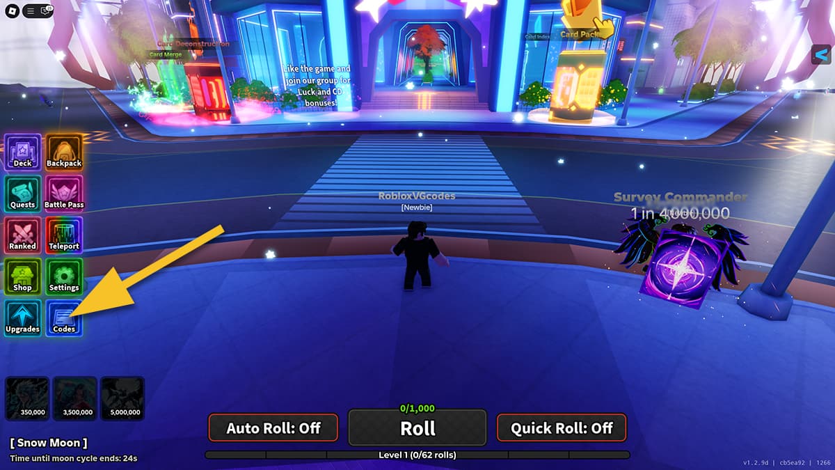 Image of the player in the lobby of Anime Card Clash on Roblox, with an arrow pointing at the Codes icon.