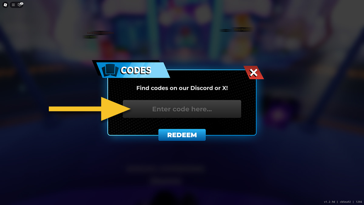 Image of the code redemption window in Anime Card Clash on Roblox.