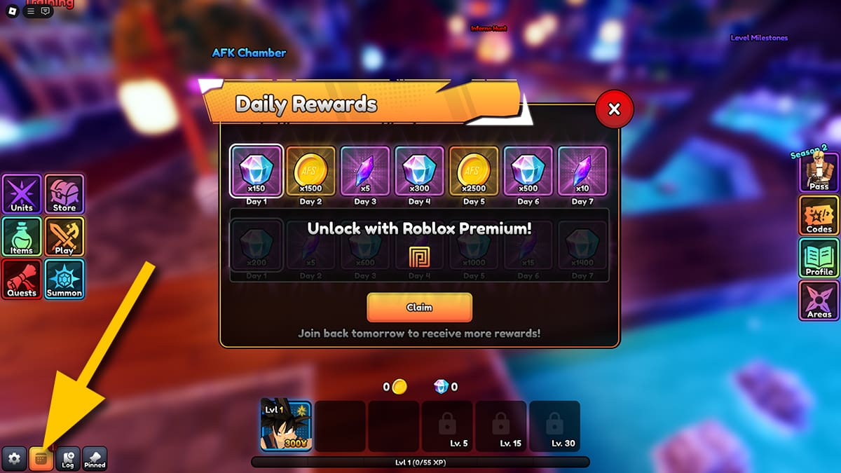 Image of the Daily Rewards screen in Anime Final Strike on Roblox.