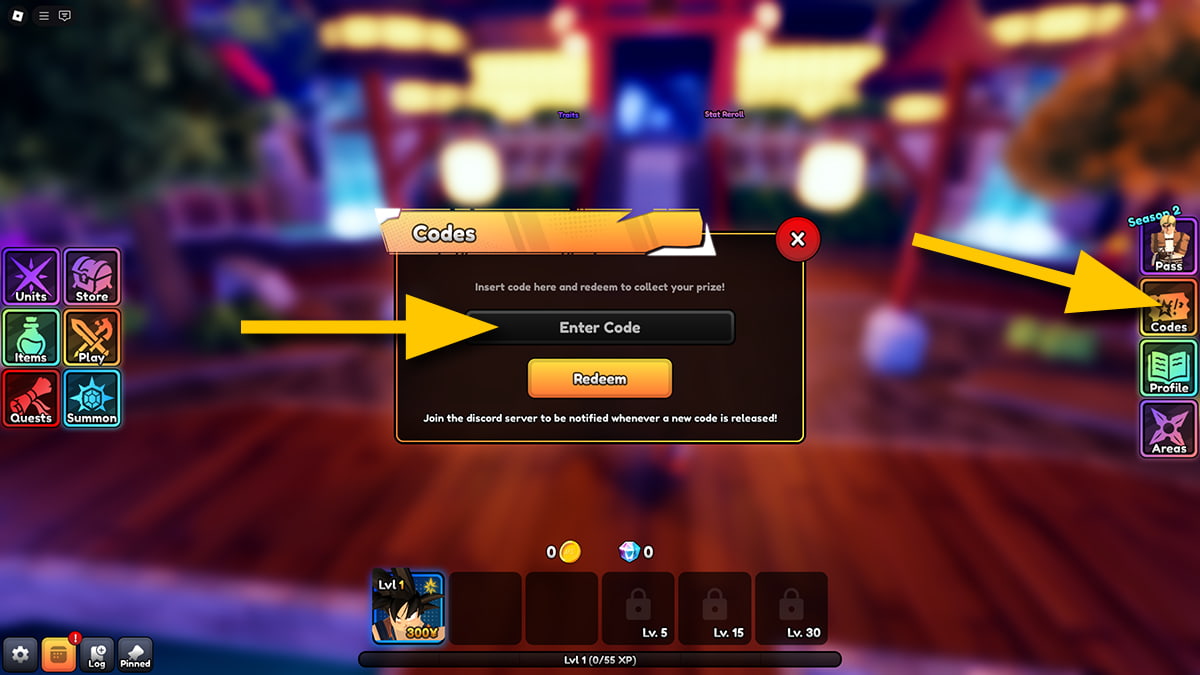 Image of the code redemption screen in Anime Final Strike on Roblox, with arrows pointing at the Codes icon and the text input box.