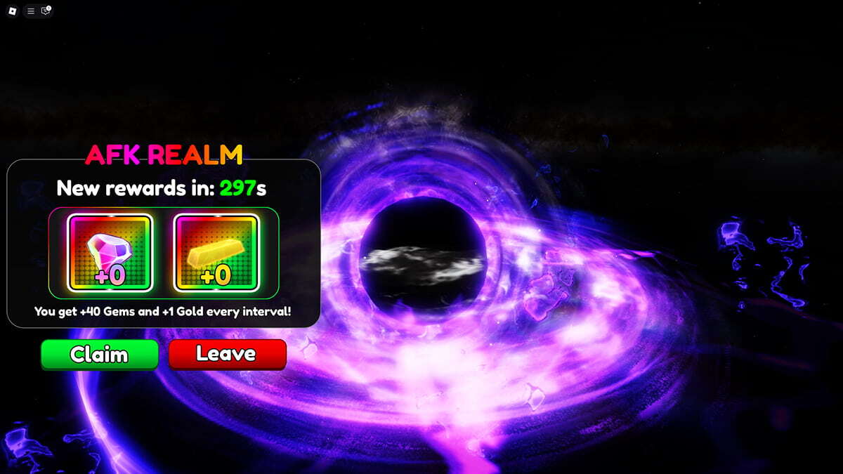 The AFK Realm in Anime Infinity with rewards displayed on the left side of the screen.