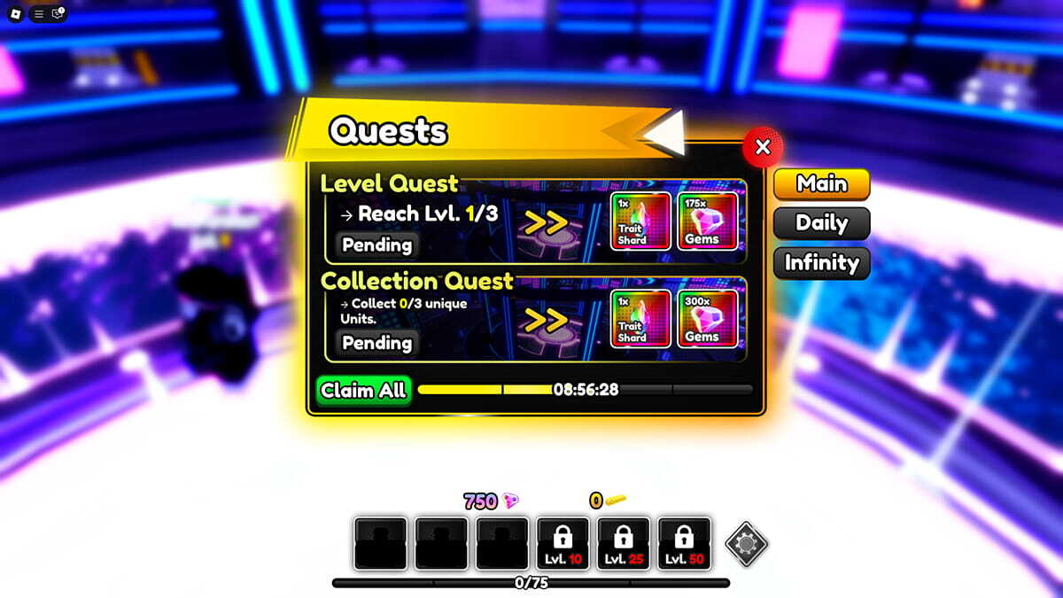 The Quests menu in Anime Infinity.