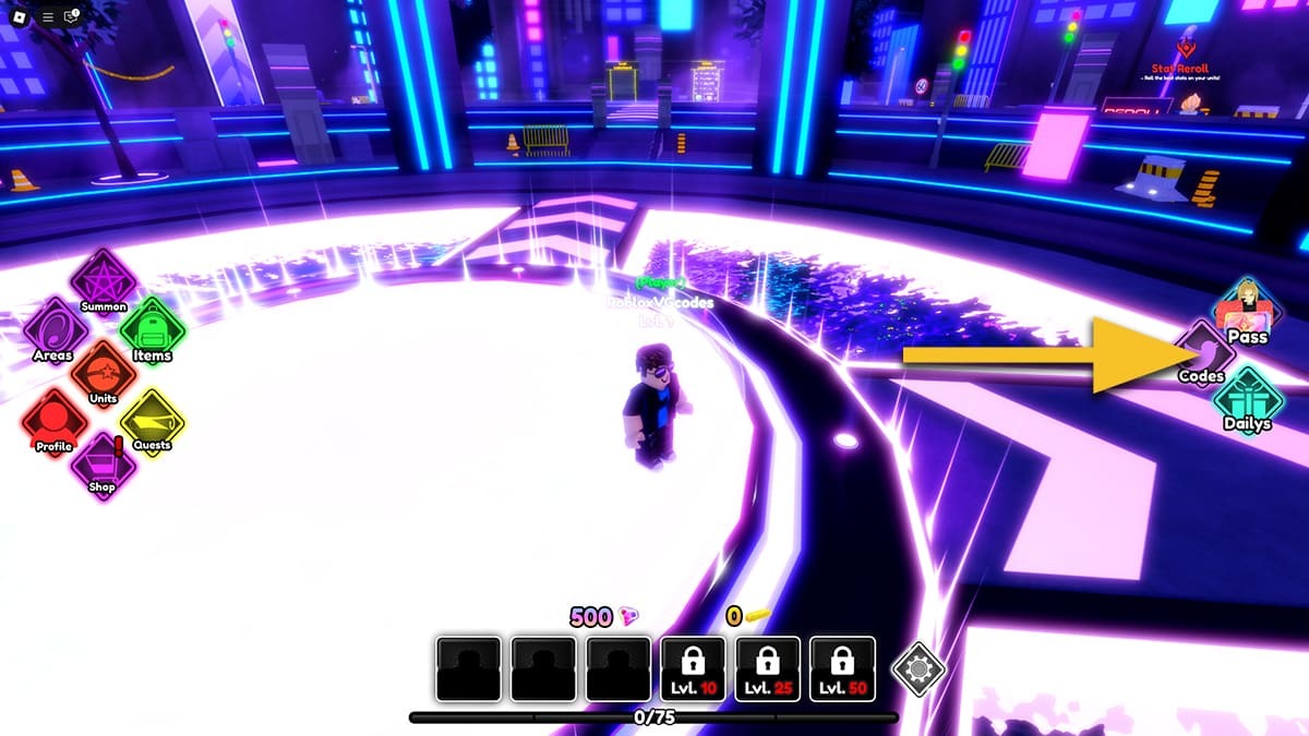 Anime Infinity player in the Lobby. A yellow arrow points at the codes button on the right side of the screen.