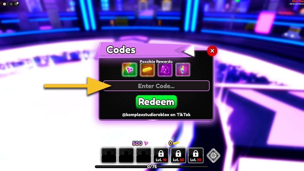 The Codes menu in Anime Infinity. A yellow arrow points at the text box where the players have to input codes.