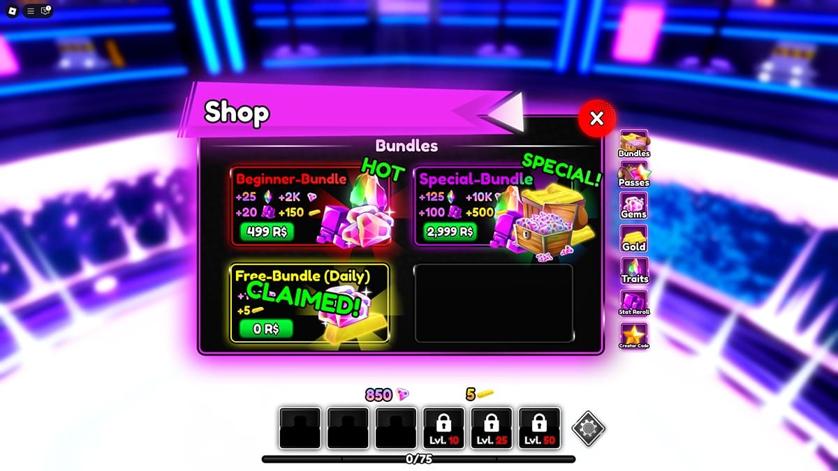 The Shop menu in Anime Infinity.