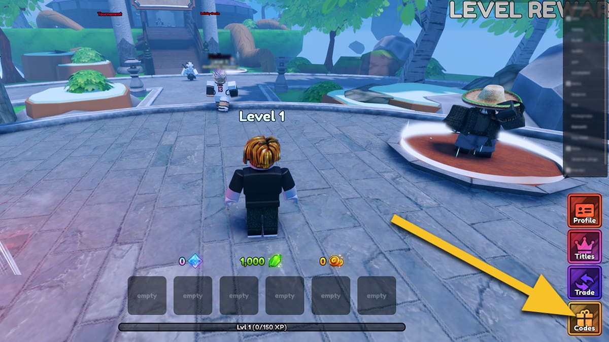 Image from the Roblox game Anime Last Stand, with an arrow pointing at the Codes icon.