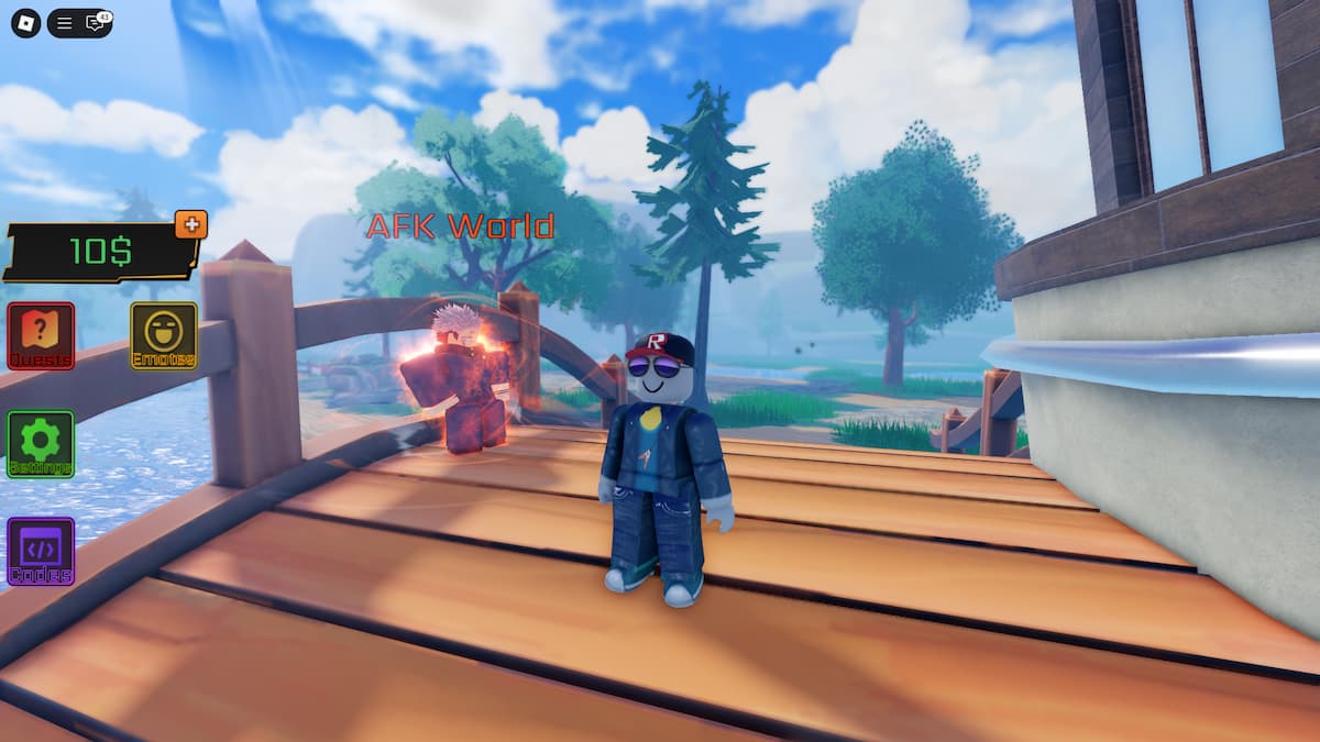 A Roblox character in Anime Rails standing on a bridge next to a flaming NPC labeled AFK World.