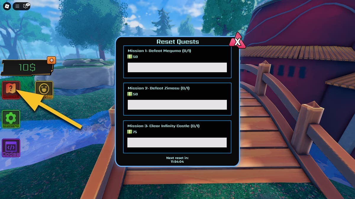 The Daily Quests window in Anime Rails, with a yellow arrow pointing to the Quests button.