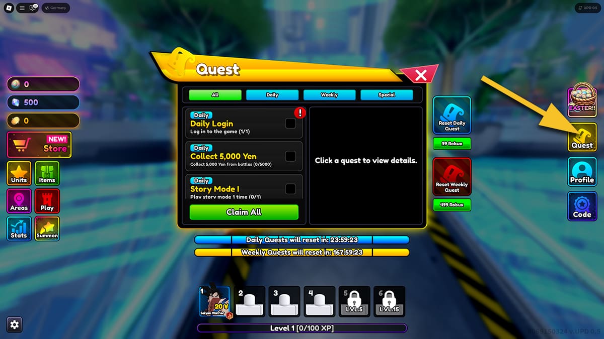 Image of the Quests screen in Anime Rangers X on Roblox.