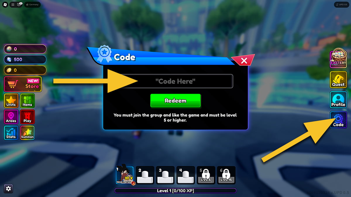 Image of the codes redemption screen in Anime Rangers X on Roblox, with arrows pointing at the Code icon and the code input text box.