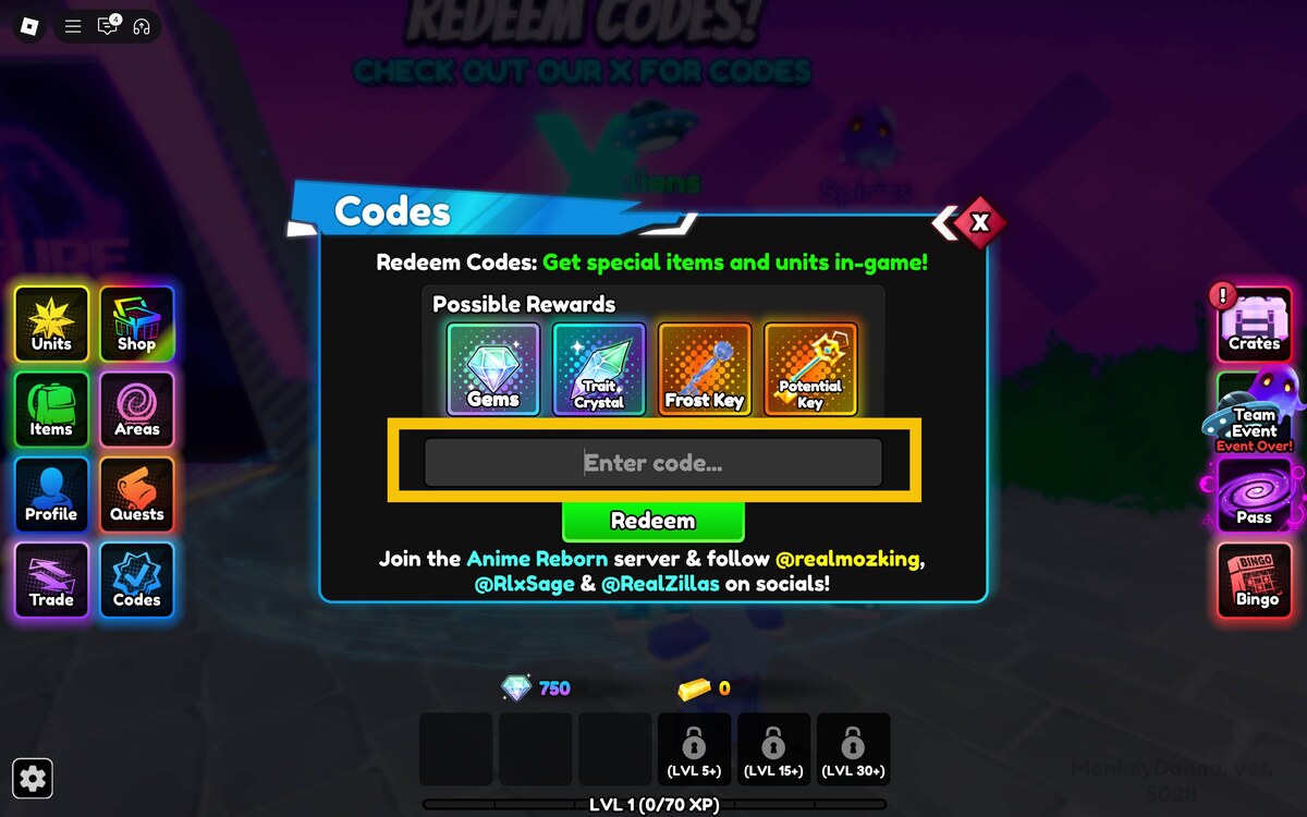 Anime Reborn codes: redeem screen.