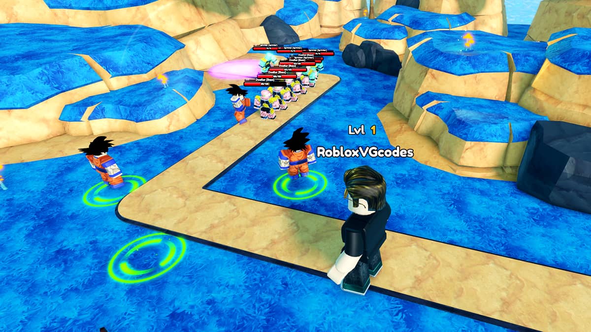 Image of the player playing through waves of enemies in the tower defense game Anime Royale on Roblox.