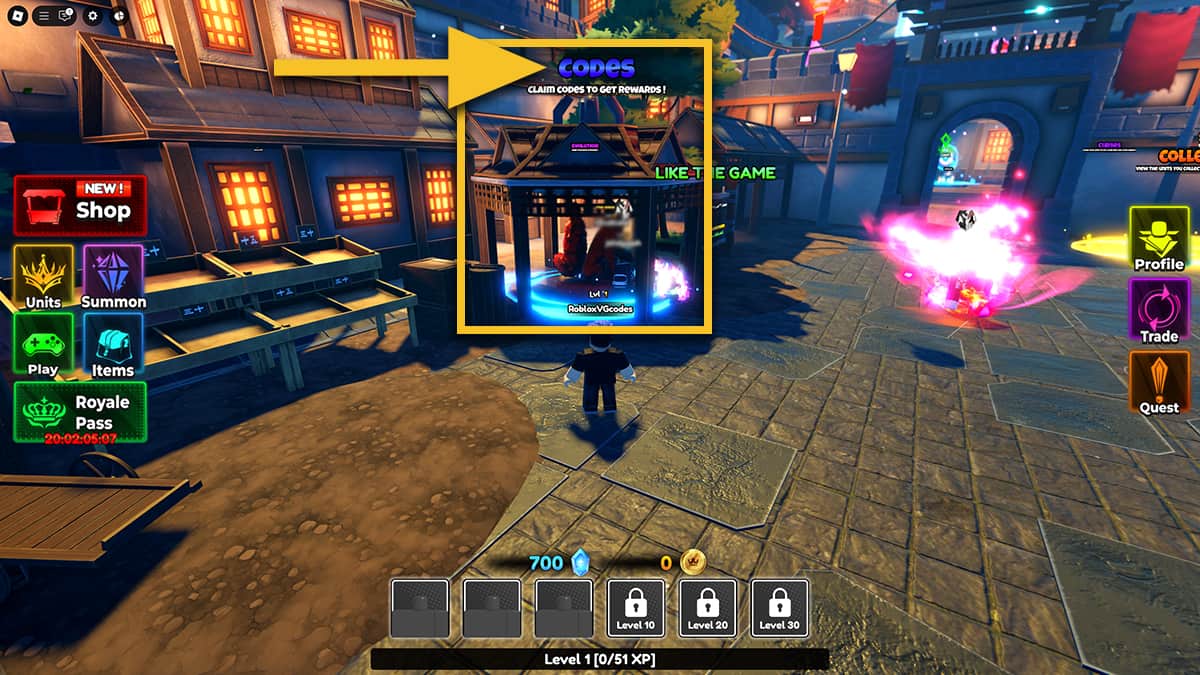 Image of the player approaching the pagoda with the fox statue and the Codes headline in Anime Royale on Roblox.