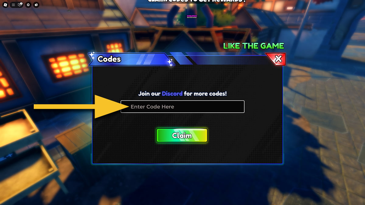 Image of the code redemption window in Anime Royale on Roblox, with an arrow pointing at the code input text box.