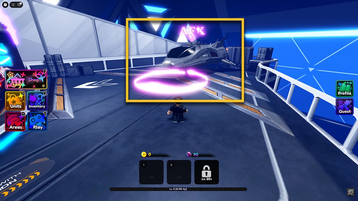 Image of the player standing in front of the aeroplane with a pink circle in front, leading to the AFK place in Anime Saga on Roblox.