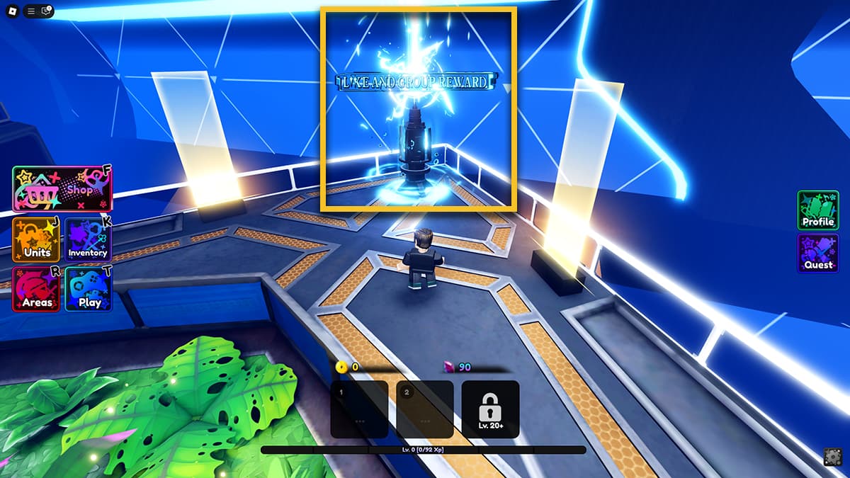 Image of the player in Anime Saga on Roblox in front of the Like and Group portal.