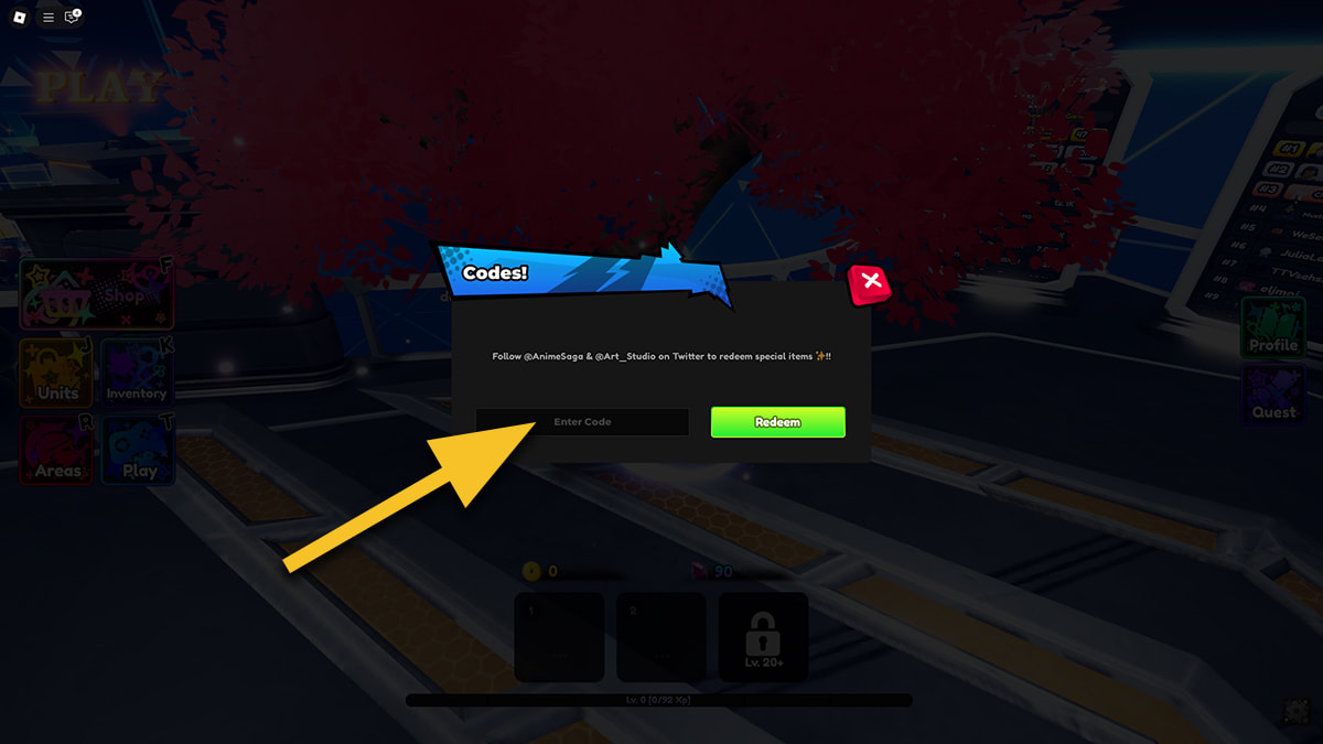 Image of the codes redemption screen in Anime Saga on Roblox, with an arrow pointing at the code input text box.