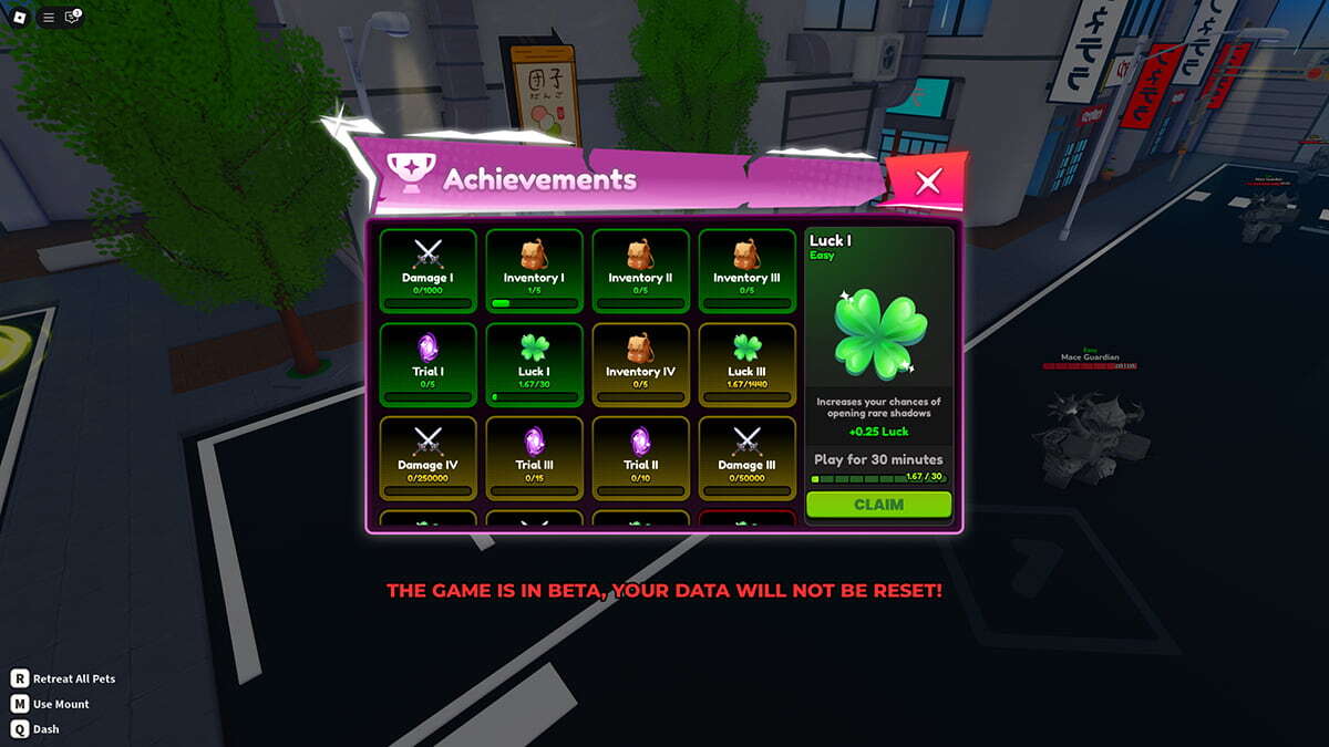 The Achievements menu in Anime Shadows 2.