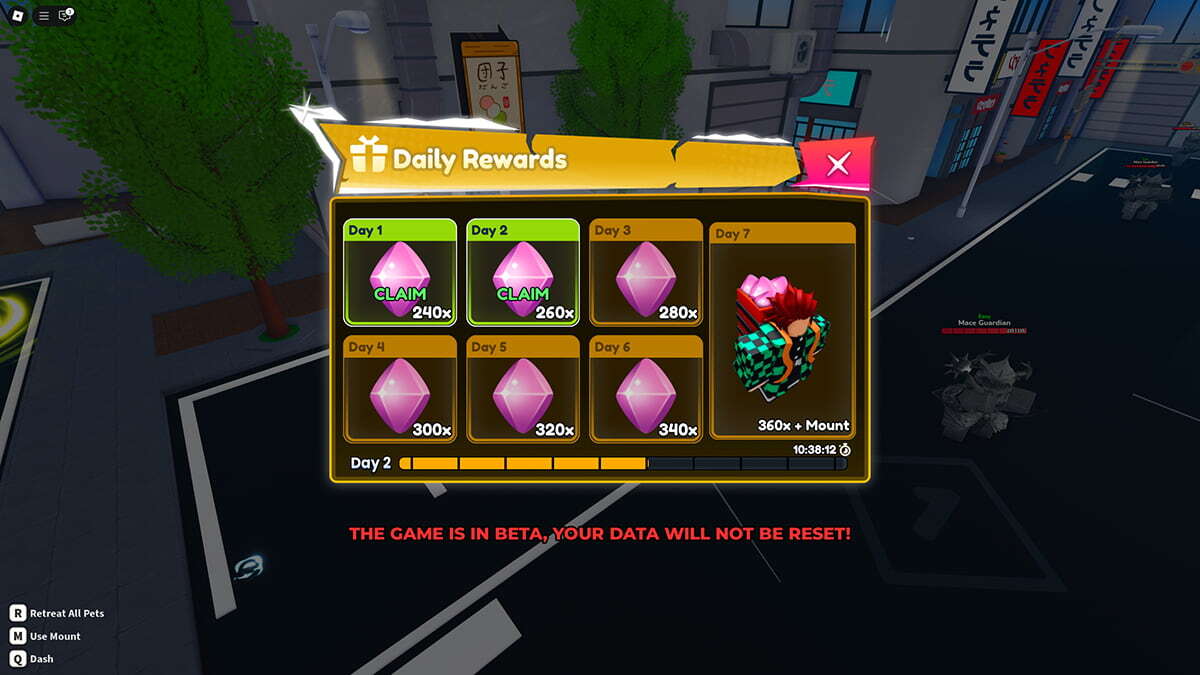 The Daily Rewards menu in Anime Shadows 2.