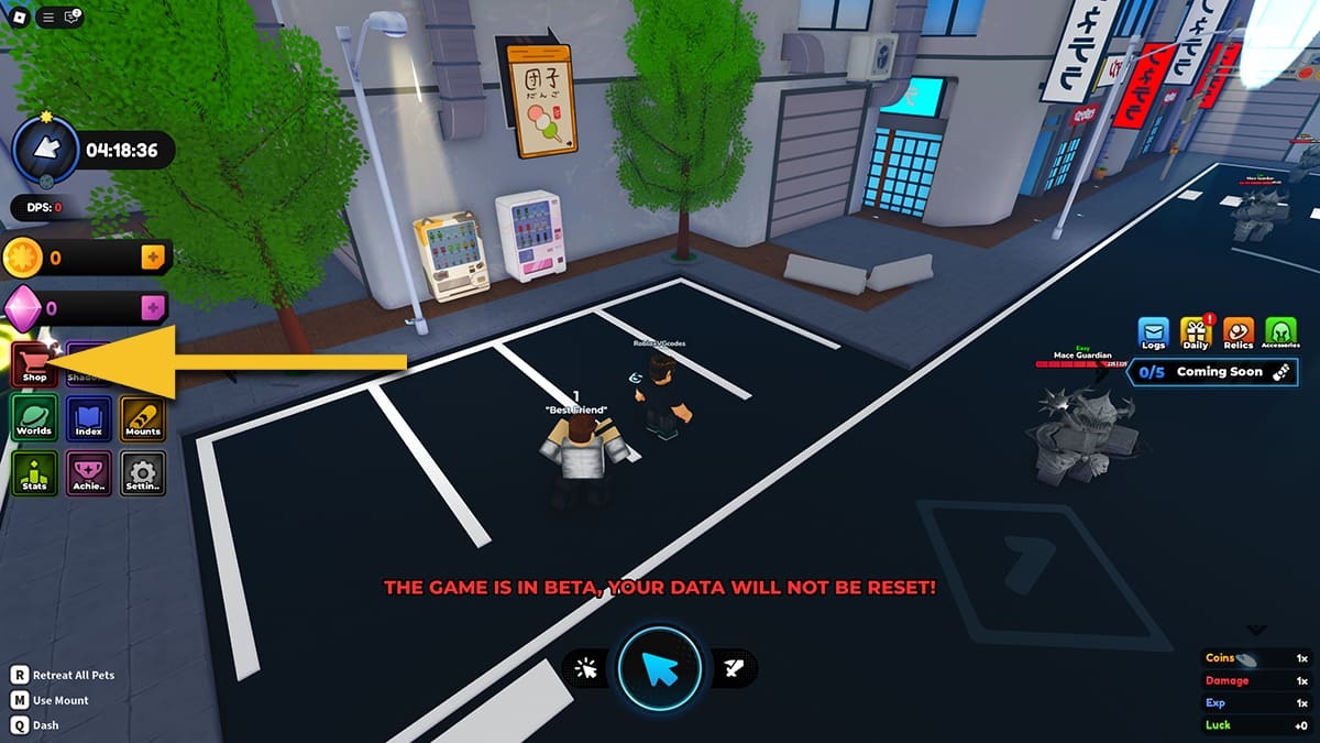 An Anime Shadows player and his Best Friend are standing on some parking spots next to a building. A yellow arrow points at the Shop button on the left side of the screen.