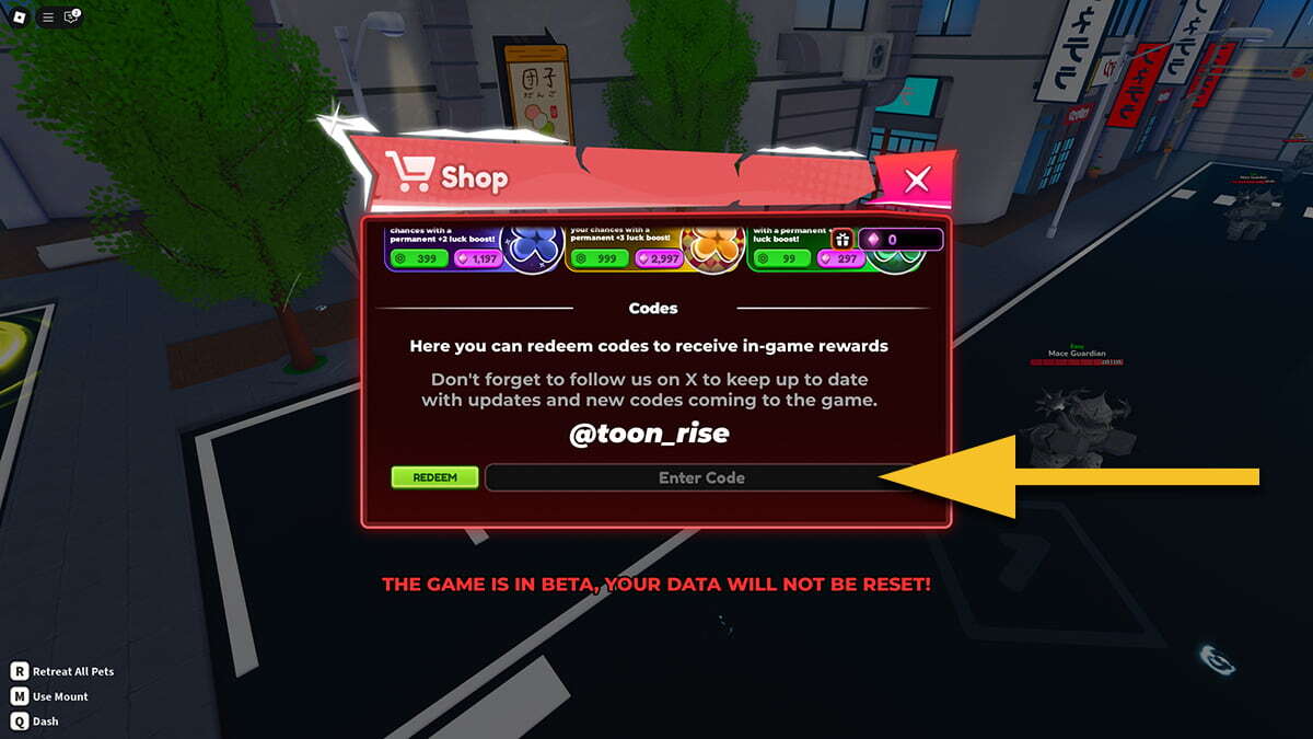 The Shop menu in Anime Shadows 2. A yellow arrow points at the text box where the player has to input the codes.