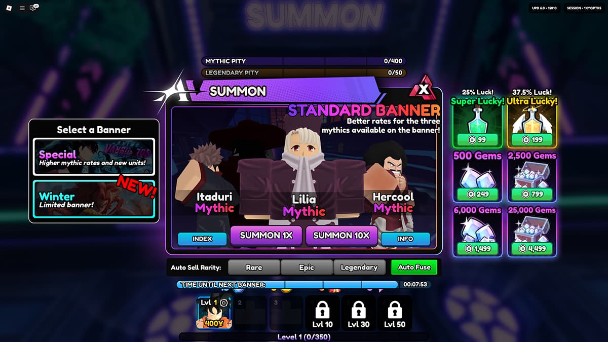 Image of the gacha banner summon screen in Anime Vanguards on Roblox.