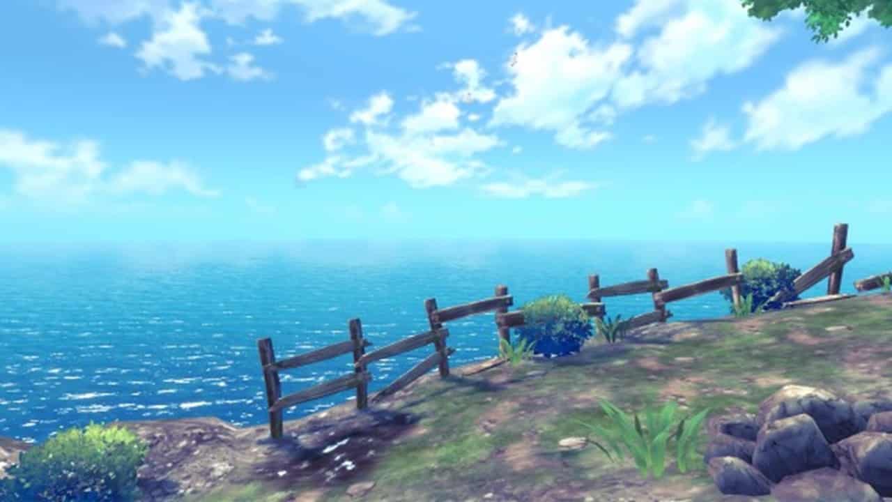 A scene featuring a fence and a breathtaking view of the ocean in Another Code: Recollection. Image from Nintendo.