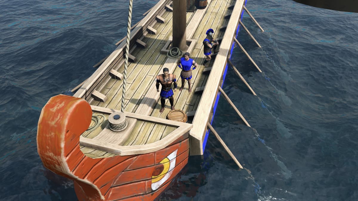 Image of Atlantean hero Arcantos on a sailing galley in Age of Mythology: Retold.