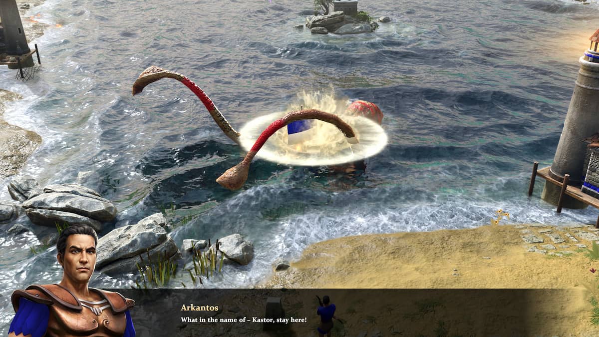 Image of a kraken attacking a harbour in Age of Mythology: Retold.