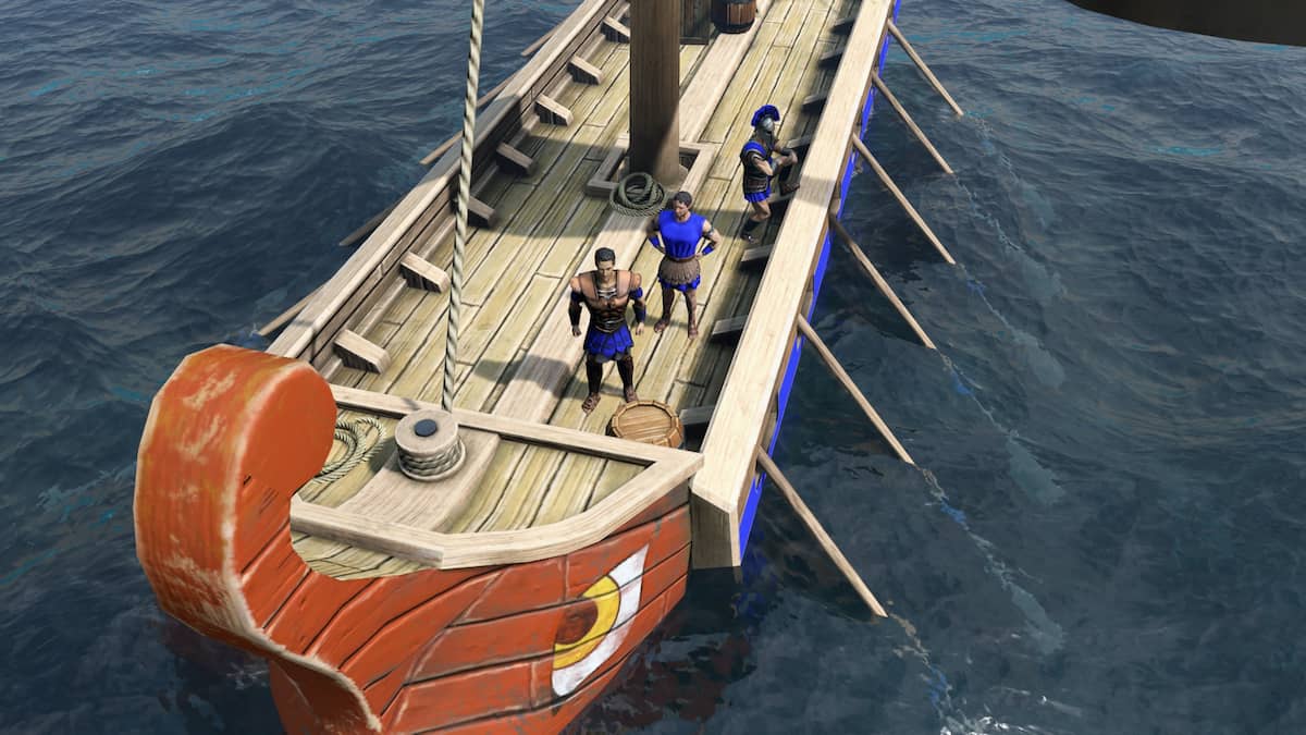 Image of characters sailing on a galley in Age of Mythology: Retold.