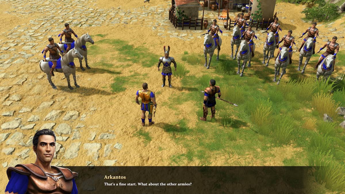 Image of characters talking during a campaign cutscene in Age of Mythology: Retold.