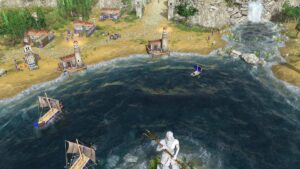 Image of an Atlantean harbour with statue of Poseidon in foreground, from Age of Mythology: Retold.