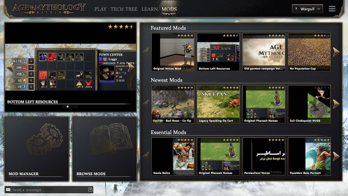 Image of the mod browser screen in Age of Mythology: Retold.