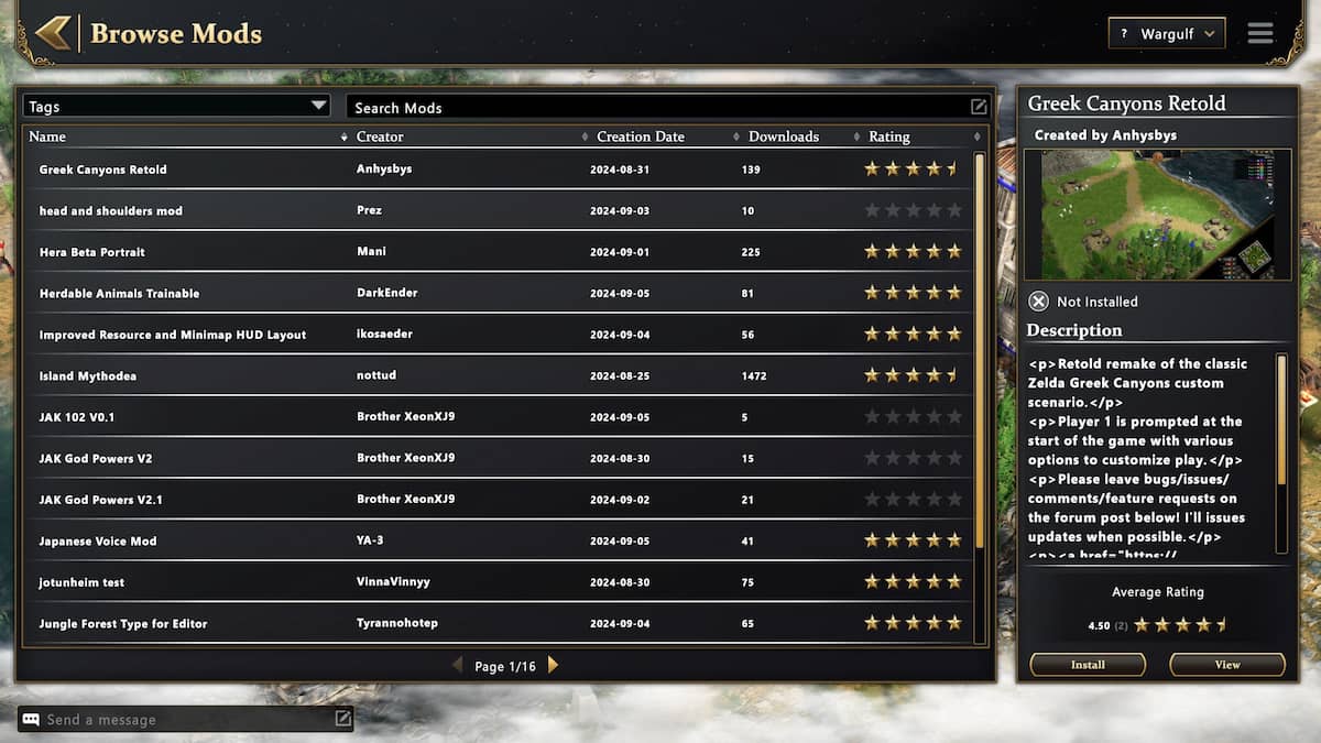Image of the mod browser list in Age of Mythology: Retold.
