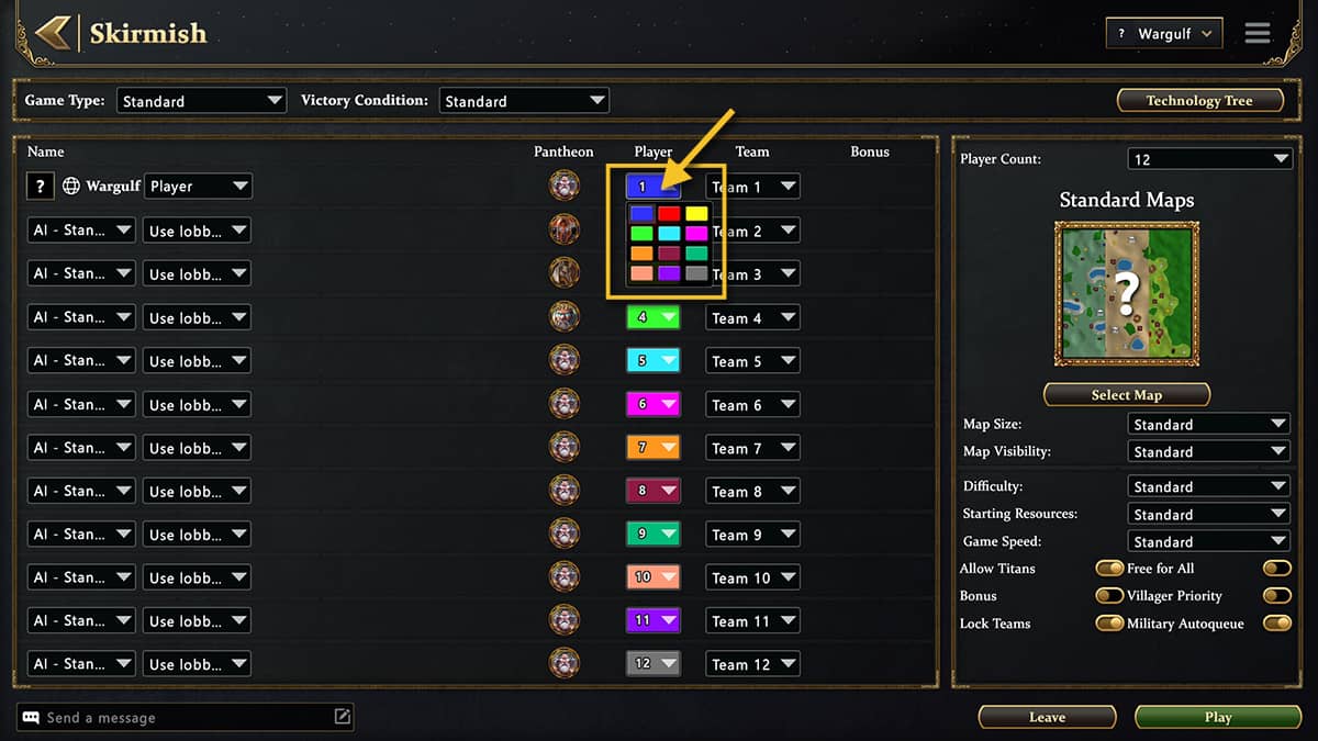 Image of a custom game lobby in Age of Mythology: Retold, focused on the player colour picker.