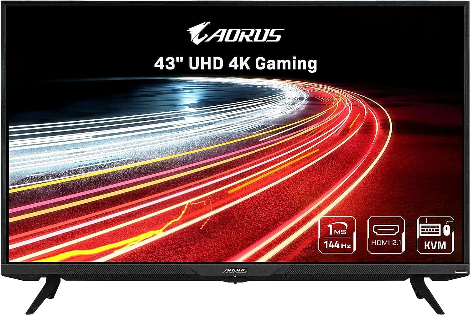 The AORUS FV43U 4K UHD TV is shown on the screen.