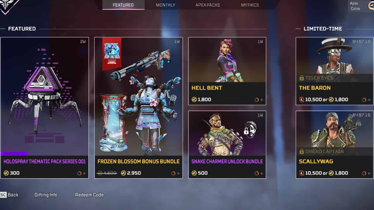 Apex Legends codes - free coins, skins, and boosts: The store menu, with the option to redeem codes at the bottom.