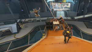 Apex Legends cross progression explained: A group of Legends stick close together as a horde of Revenant drones close in on them, swarming down a ramp.