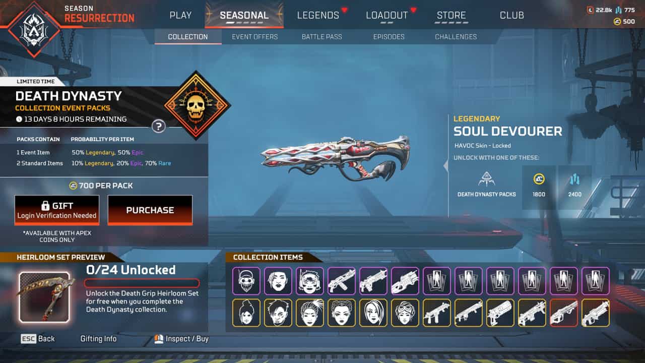 Apex Legends Death Dynasty event: The event screen for the Death Dynasty collections skins, with the Soul Devourer skin for the Havoc energy rifle highlighted on display.