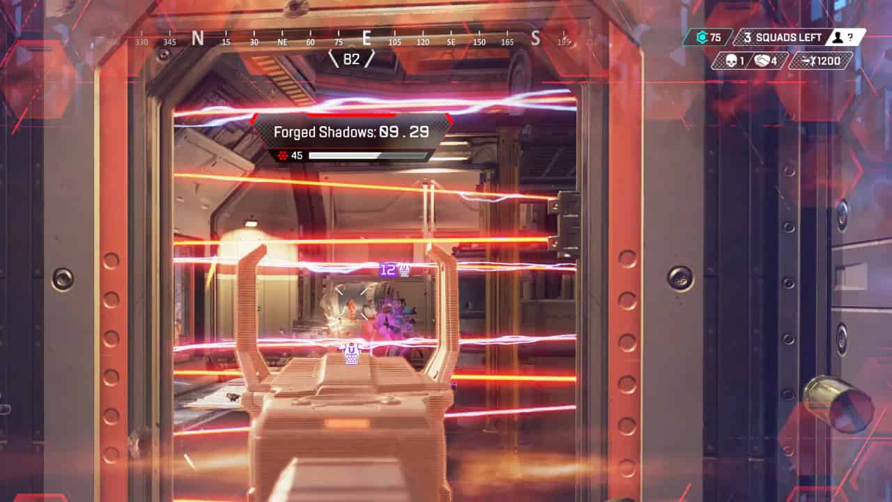 Apex Legends Death Dynasty event: Revenant fires through a barred doorway at an enemy Watson player with the R-99 SMG.