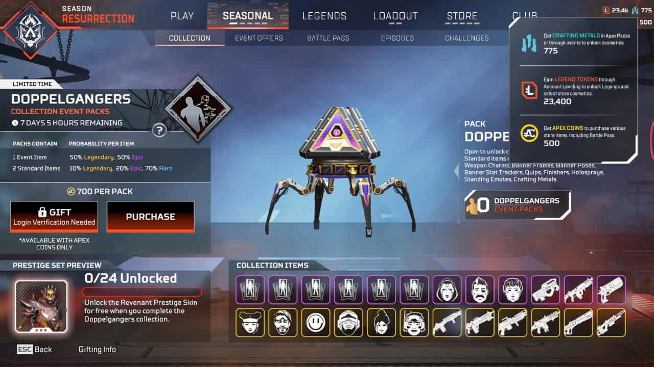 Apex Legends Halloween event cost and pricing explained:  The event packet rewards screen, with currencies highlighted.