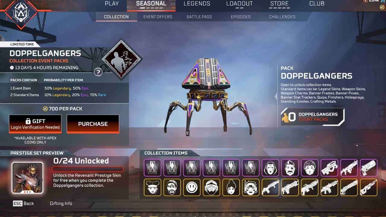 Apex Legends Doppelgangers start time, end time, and Halloween event explained: The Collection items menu for the Doppelganger event.