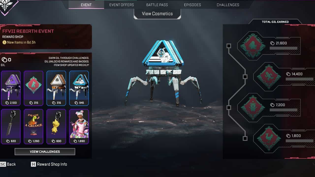 Apex Legends x Final Fantasy 7 event skins and cosmetics: The event rewards tracker tab.