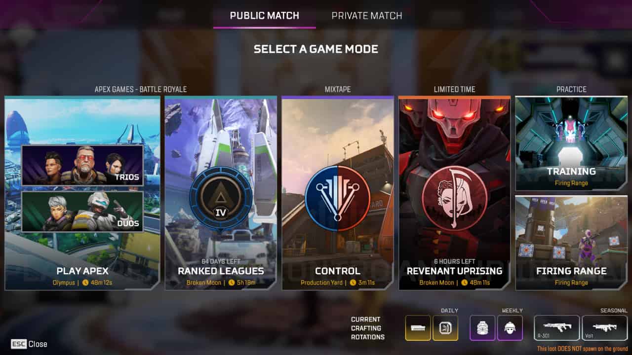 Apex Legends game modes - What modes can you play right now: The game modes selection menu.