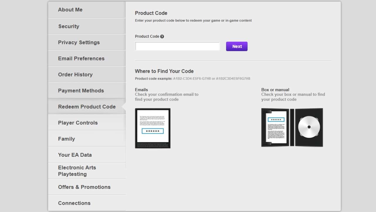 Apex Legends how to redeem gift cards explained: The redeem product code screen on EA's website.