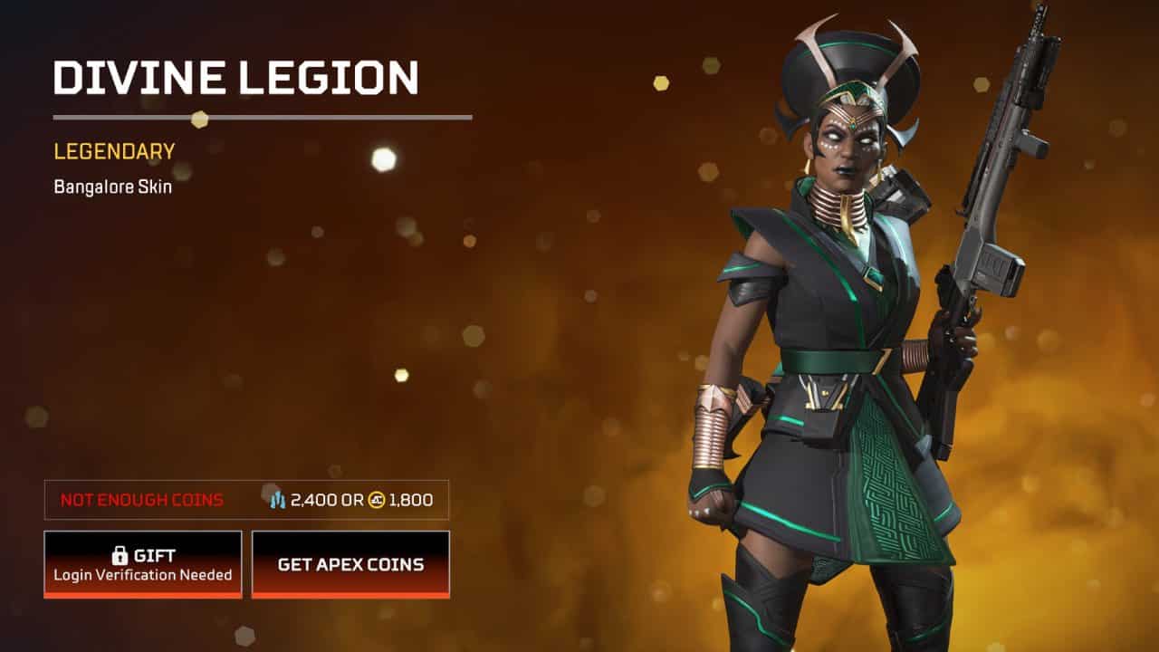 How to send gifts in Apex Legends explained: The Divine Legion event skin for Bangalore, with gifting options in the bottom left.
