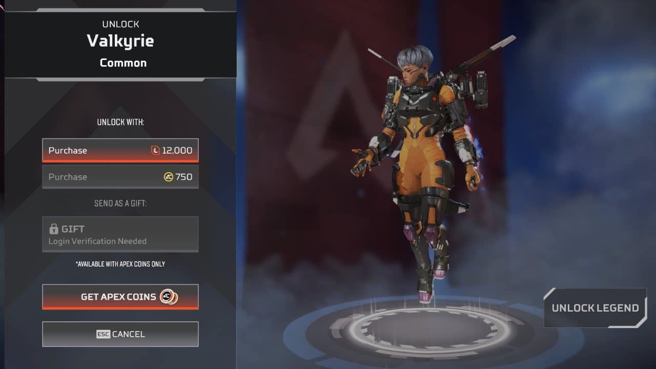 How to send gifts in Apex Legends explained: The alternate purchase and gifting screen for Legend Valkyrie.
